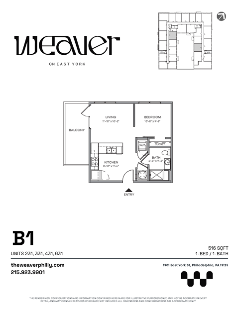 1Bed Floor Plan B1 at The Weaver, Philadelphia, Pennsylvania